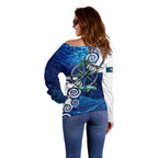 Torres Strait Islanders Nautical Compass Sea Life Off Shoulder Sweater Indigenous Traditional Flag Pattern Tribal Marine Art