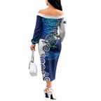 Torres Strait Islanders Nautical Compass Sea Life Off The Shoulder Long Sleeve Dress Indigenous Traditional Flag Pattern Tribal Marine Art