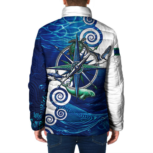 Torres Strait Islanders Nautical Compass Sea Life Padded Jacket Indigenous Traditional Flag Pattern Tribal Marine Art