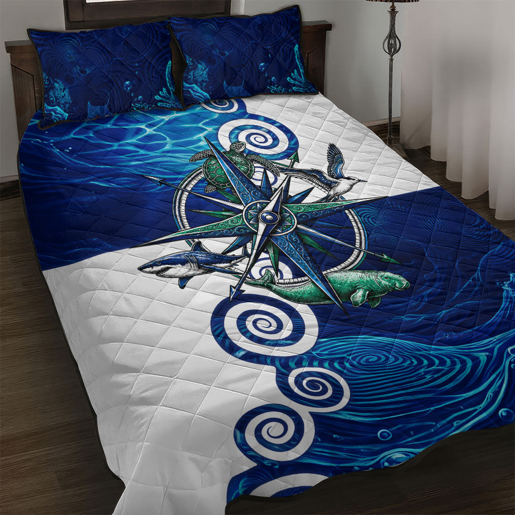 Torres Strait Islanders Nautical Compass Sea Life Quilt Bed Set Indigenous Traditional Flag Pattern Tribal Marine Art
