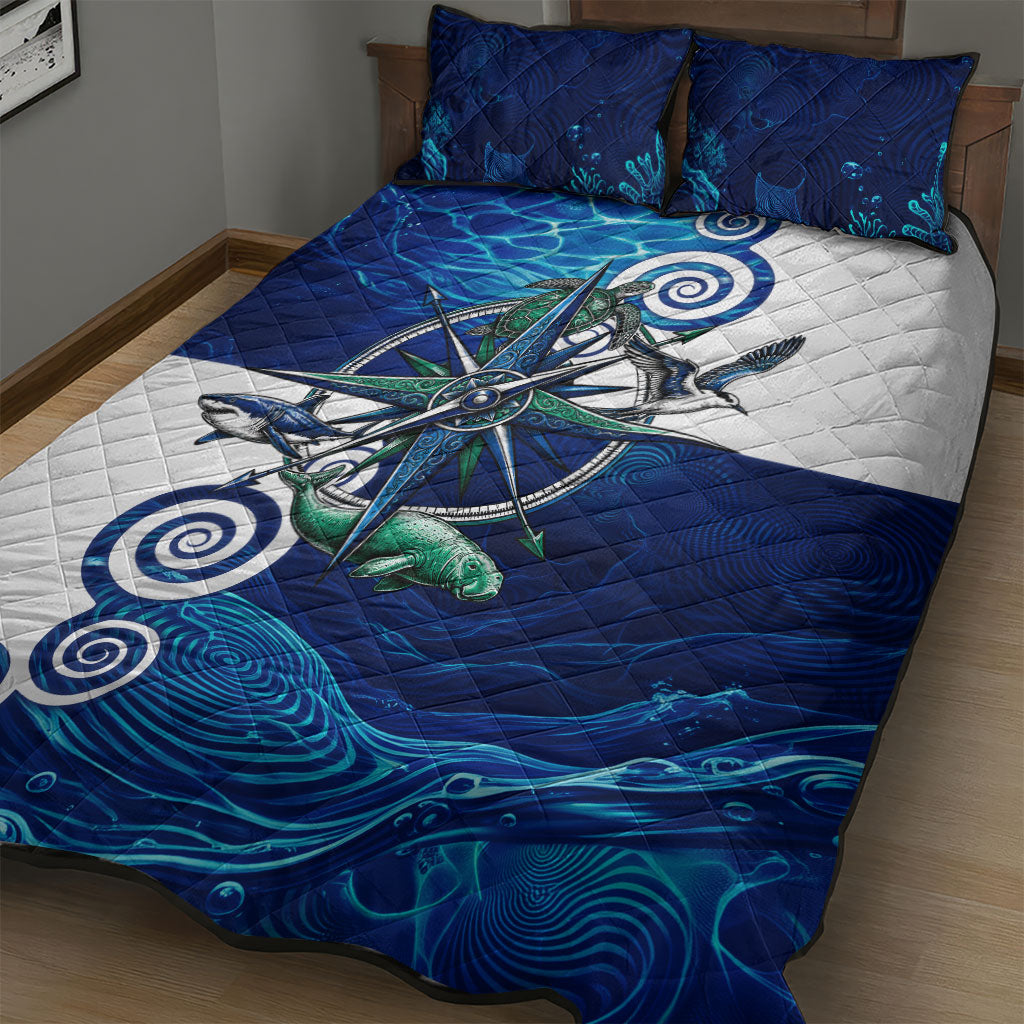 Torres Strait Islanders Nautical Compass Sea Life Quilt Bed Set Indigenous Traditional Flag Pattern Tribal Marine Art