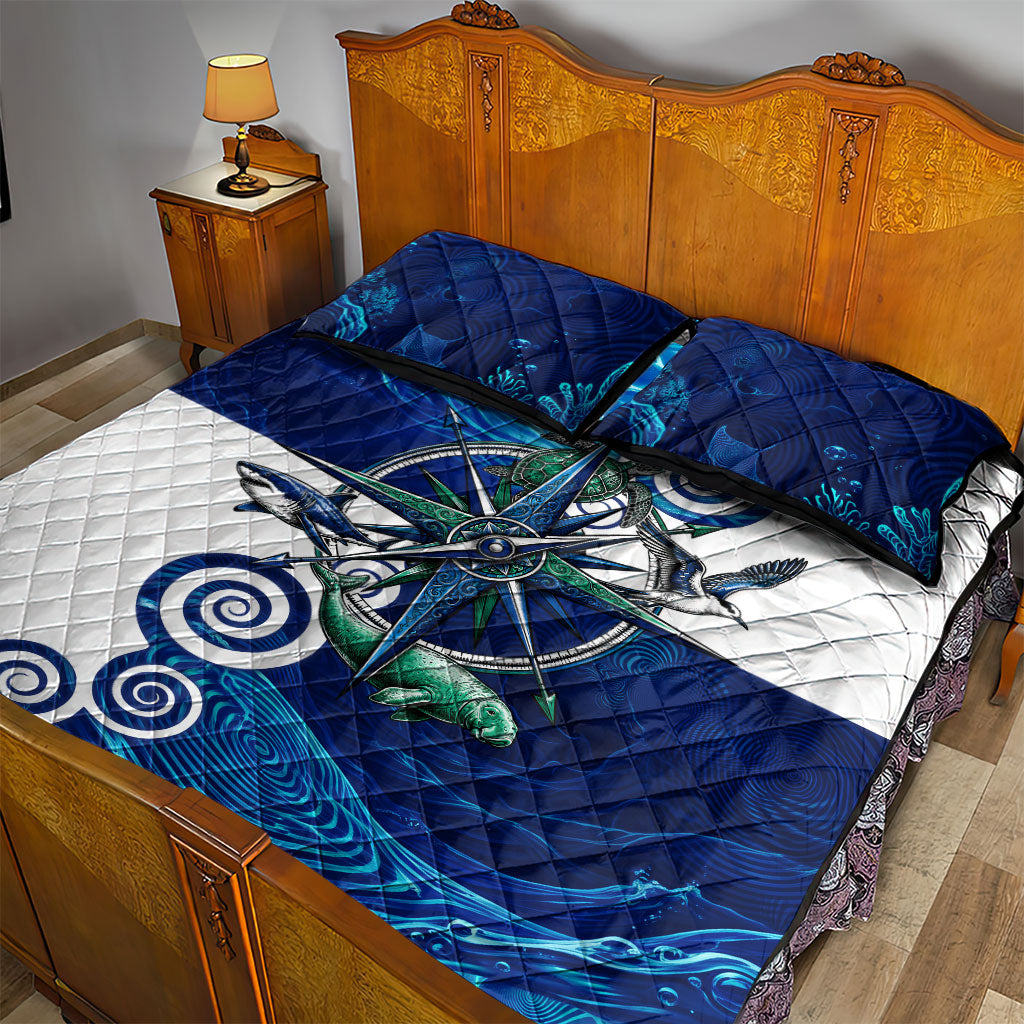 Torres Strait Islanders Nautical Compass Sea Life Quilt Bed Set Indigenous Traditional Flag Pattern Tribal Marine Art