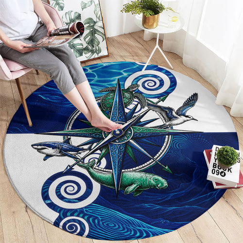 Torres Strait Islanders Nautical Compass Sea Life Round Carpet Indigenous Traditional Flag Pattern Tribal Marine Art