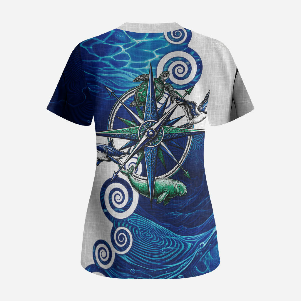 Torres Strait Islanders Nautical Compass Sea Life Scrub Top Indigenous Traditional Flag Pattern Tribal Marine Art