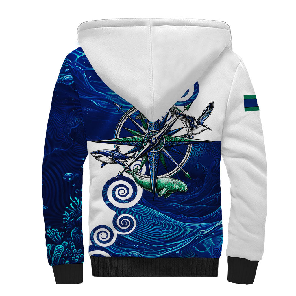 Torres Strait Islanders Nautical Compass Sea Life Sherpa Hoodie Indigenous Traditional Flag Pattern Tribal Marine Art