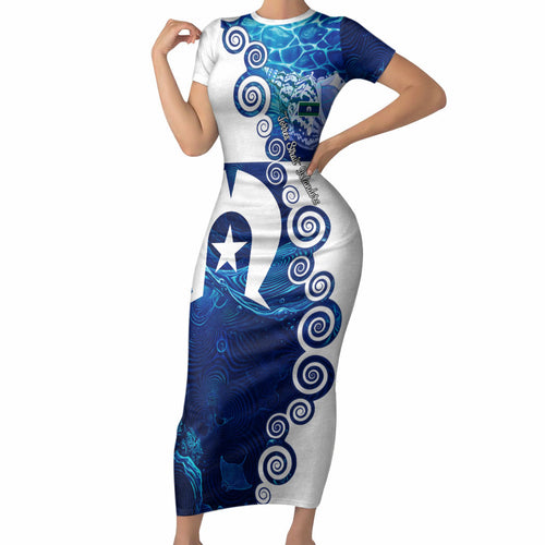 Torres Strait Islanders Nautical Compass Sea Life Short Sleeve Bodycon Dress Indigenous Traditional Flag Pattern Tribal Marine Art