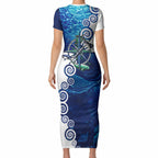 Torres Strait Islanders Nautical Compass Sea Life Short Sleeve Bodycon Dress Indigenous Traditional Flag Pattern Tribal Marine Art
