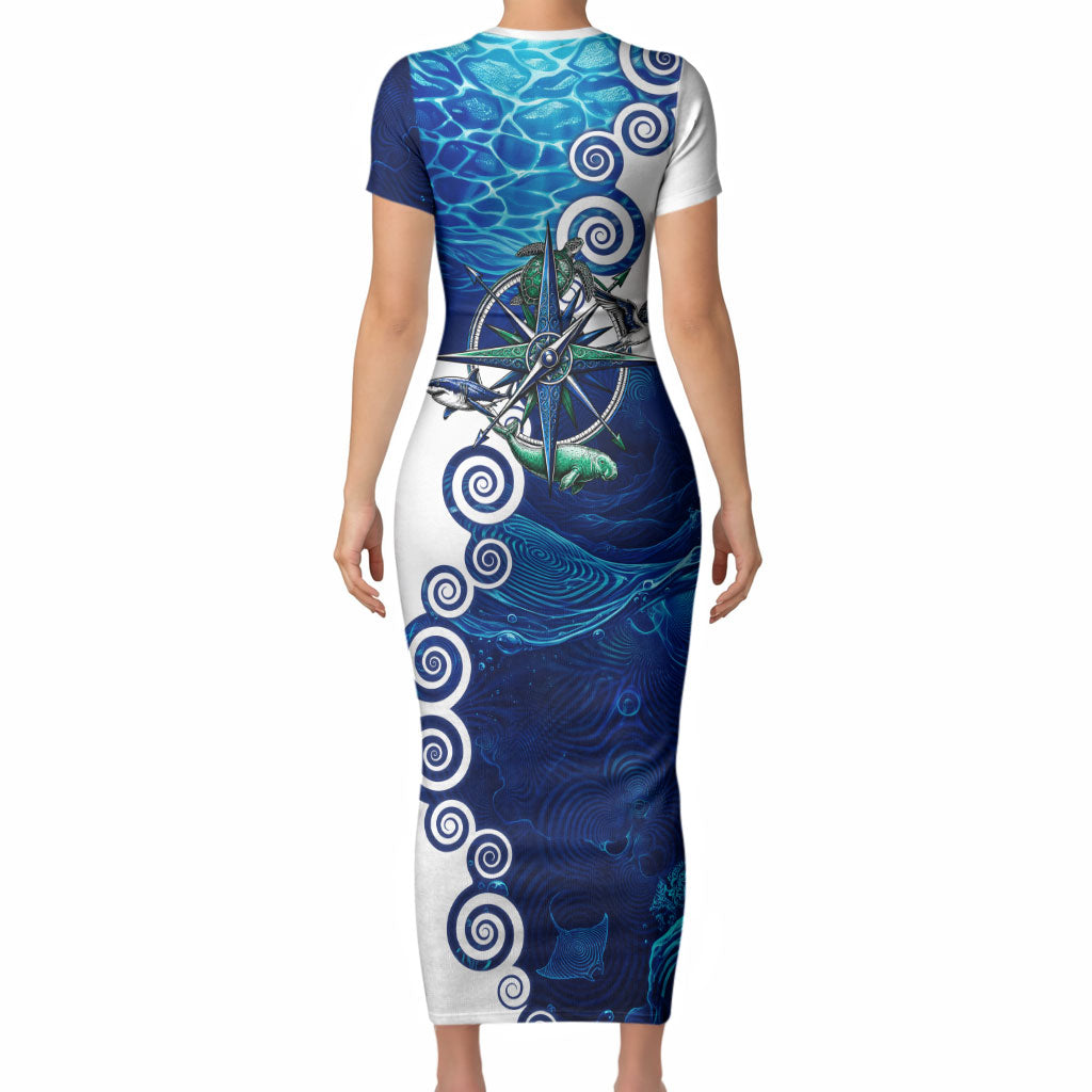 Torres Strait Islanders Nautical Compass Sea Life Short Sleeve Bodycon Dress Indigenous Traditional Flag Pattern Tribal Marine Art