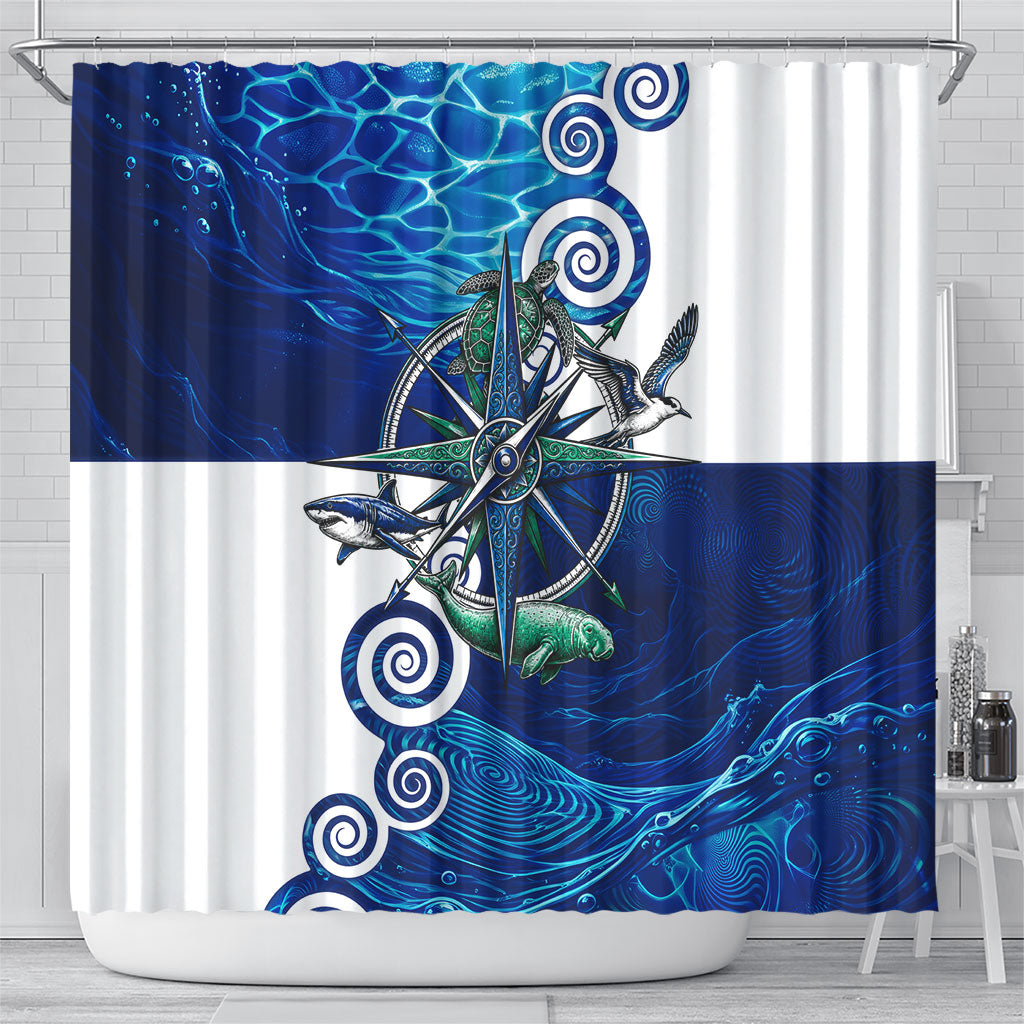 Torres Strait Islanders Nautical Compass Sea Life Shower Curtain Indigenous Traditional Flag Pattern Tribal Marine Art