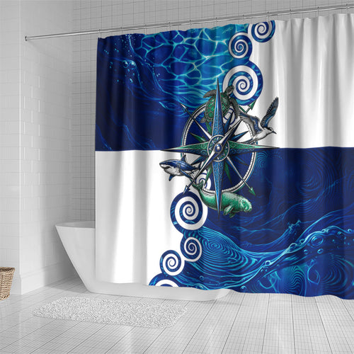 Torres Strait Islanders Nautical Compass Sea Life Shower Curtain Indigenous Traditional Flag Pattern Tribal Marine Art