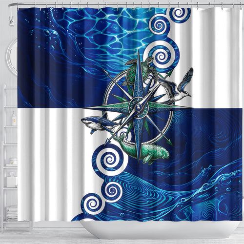 Torres Strait Islanders Nautical Compass Sea Life Shower Curtain Indigenous Traditional Flag Pattern Tribal Marine Art