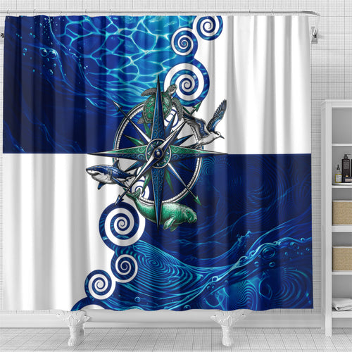Torres Strait Islanders Nautical Compass Sea Life Shower Curtain Indigenous Traditional Flag Pattern Tribal Marine Art