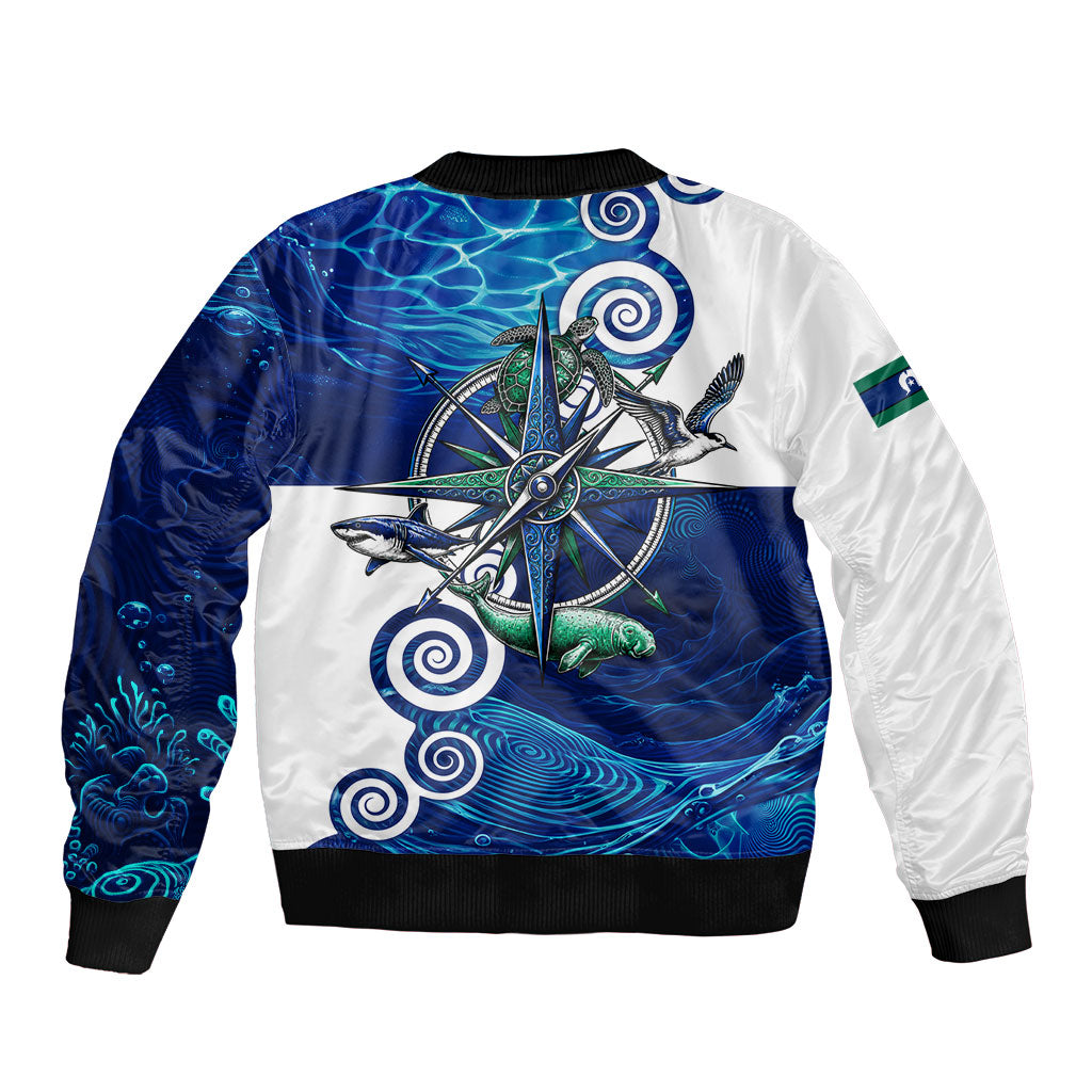Torres Strait Islanders Nautical Compass Sea Life Sleeve Zip Bomber Jacket Indigenous Traditional Flag Pattern Tribal Marine Art