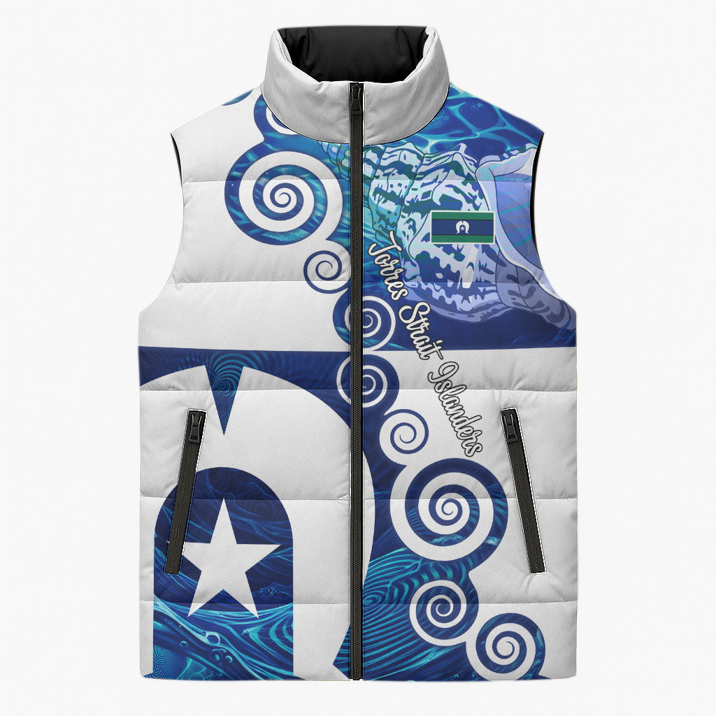 Torres Strait Islanders Nautical Compass Sea Life Sleeveless Puffer Jacket Indigenous Traditional Flag Pattern Tribal Marine Art