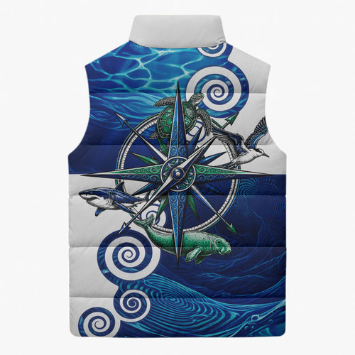Torres Strait Islanders Nautical Compass Sea Life Sleeveless Puffer Jacket Indigenous Traditional Flag Pattern Tribal Marine Art