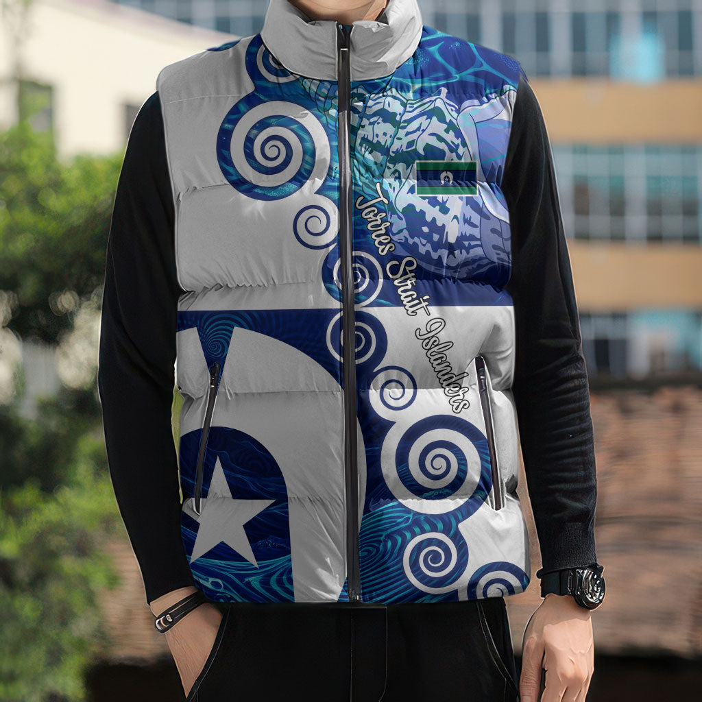 Torres Strait Islanders Nautical Compass Sea Life Sleeveless Puffer Jacket Indigenous Traditional Flag Pattern Tribal Marine Art