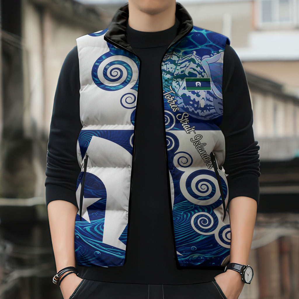 Torres Strait Islanders Nautical Compass Sea Life Sleeveless Puffer Jacket Indigenous Traditional Flag Pattern Tribal Marine Art