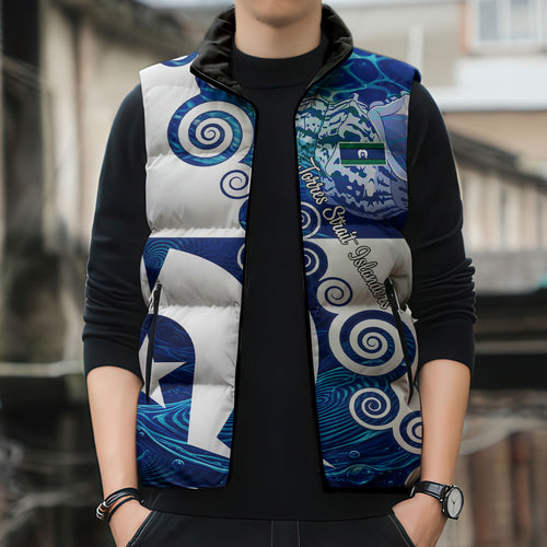 Torres Strait Islanders Nautical Compass Sea Life Sleeveless Puffer Jacket Indigenous Traditional Flag Pattern Tribal Marine Art