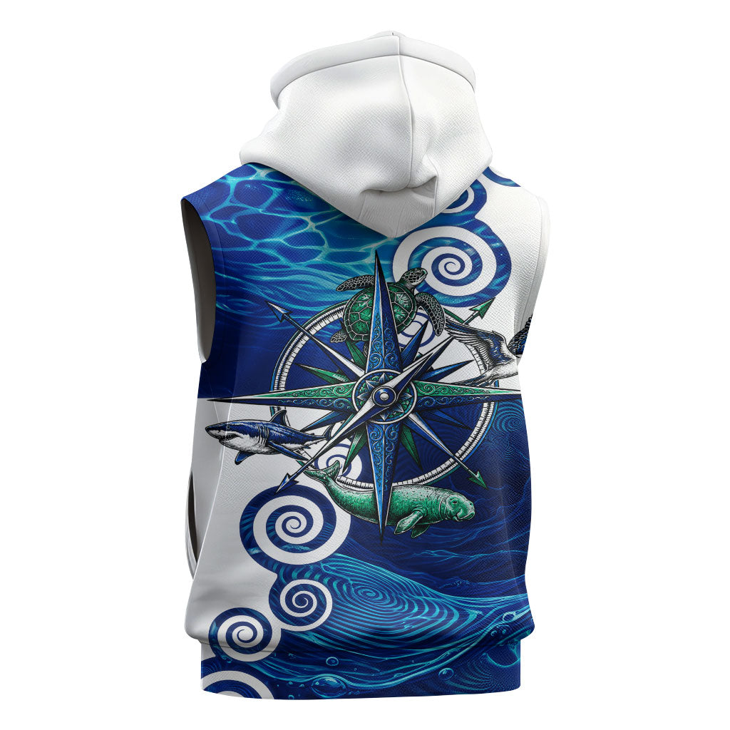 Torres Strait Islanders Nautical Compass Sea Life Sleeveless Zip Hoodie Indigenous Traditional Flag Pattern Tribal Marine Art