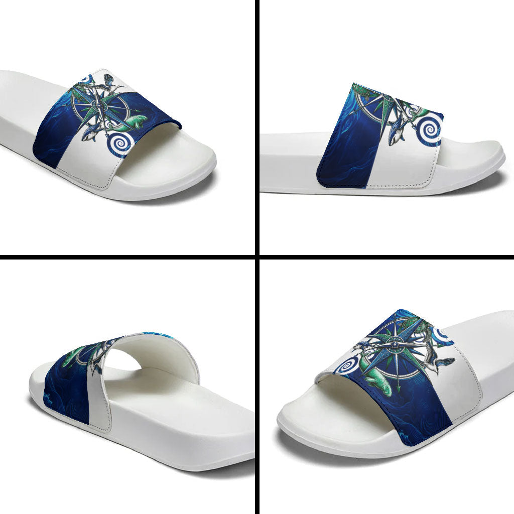 Torres Strait Islanders Nautical Compass Sea Life Slide Sandals Indigenous Traditional Flag Pattern Tribal Marine Art