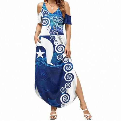 Torres Strait Islanders Nautical Compass Sea Life Summer Maxi Dress Indigenous Traditional Flag Pattern Tribal Marine Art