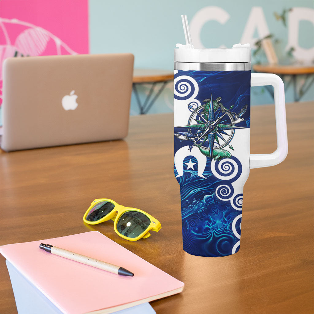 Torres Strait Islanders Nautical Compass Sea Life Tumbler With Handle Indigenous Traditional Flag Pattern Tribal Marine Art