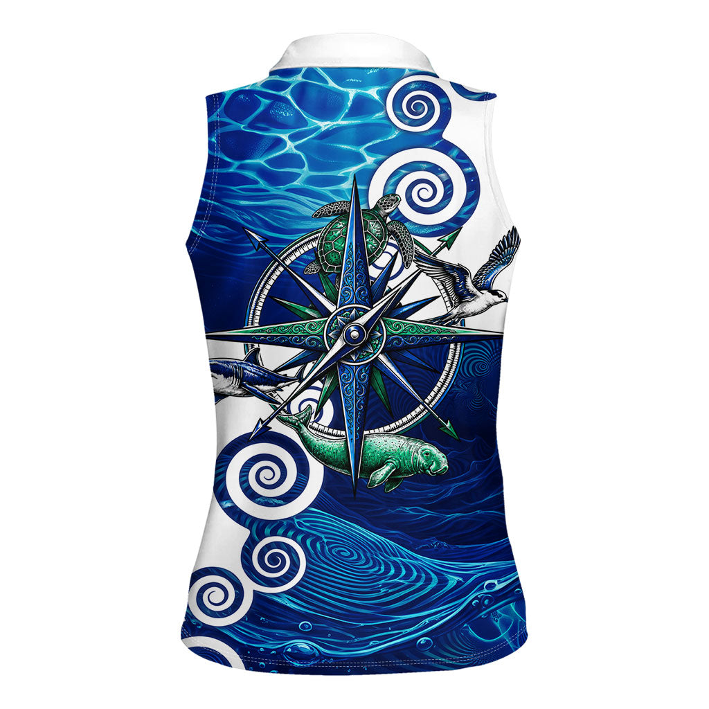 Torres Strait Islanders Nautical Compass Sea Life Women Sleeveless Polo Shirt Indigenous Traditional Flag Pattern Tribal Marine Art