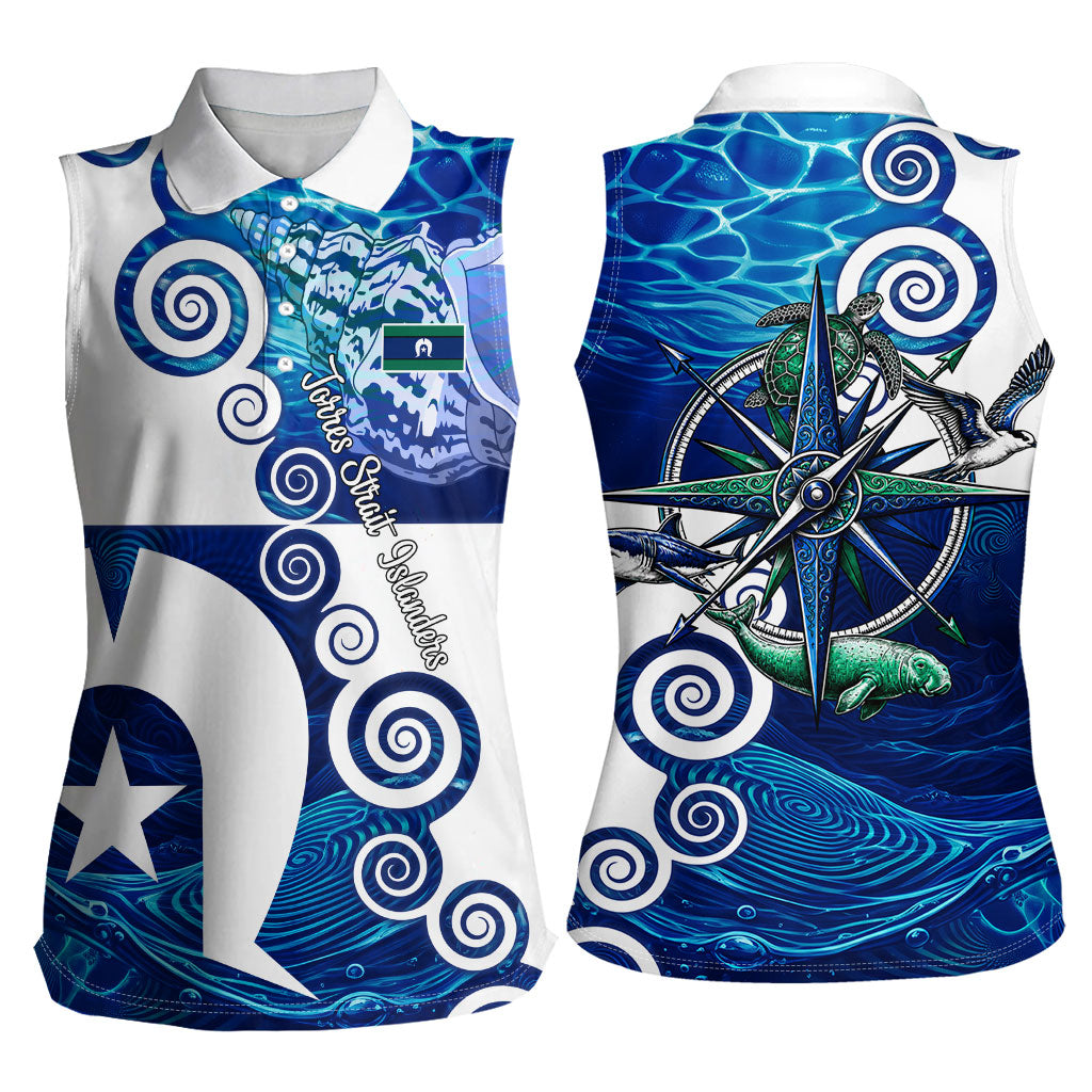 Torres Strait Islanders Nautical Compass Sea Life Women Sleeveless Polo Shirt Indigenous Traditional Flag Pattern Tribal Marine Art