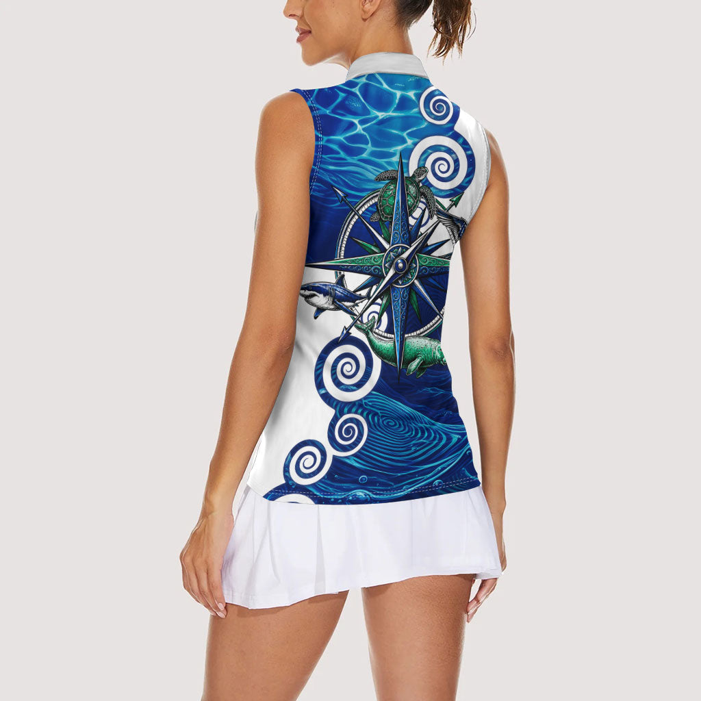 Torres Strait Islanders Nautical Compass Sea Life Women Sleeveless Polo Shirt Indigenous Traditional Flag Pattern Tribal Marine Art