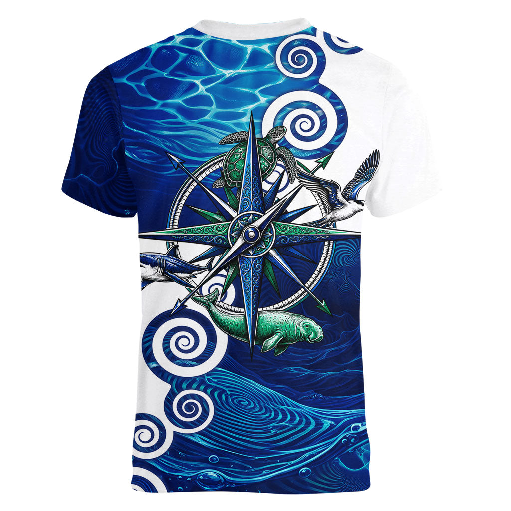 Torres Strait Islanders Nautical Compass Sea Life Women V-Neck T-Shirt Indigenous Traditional Flag Pattern Tribal Marine Art