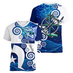 Torres Strait Islanders Nautical Compass Sea Life Women V-Neck T-Shirt Indigenous Traditional Flag Pattern Tribal Marine Art