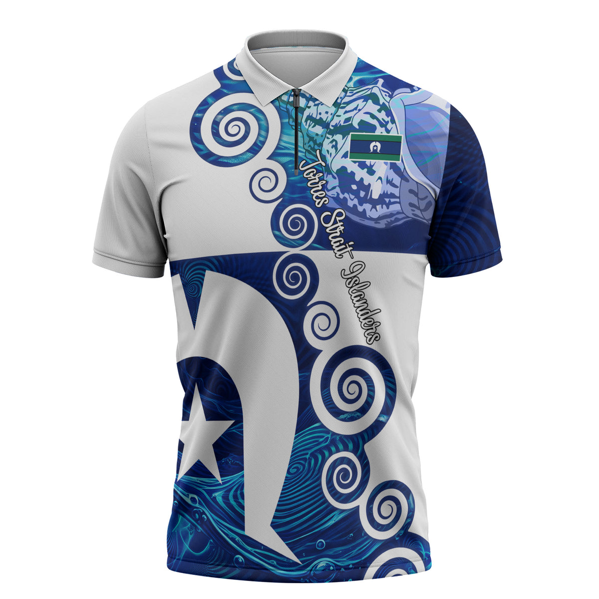 Torres Strait Islanders Nautical Compass Sea Life Zipper Polo Shirt Indigenous Traditional Flag Pattern Tribal Marine Art