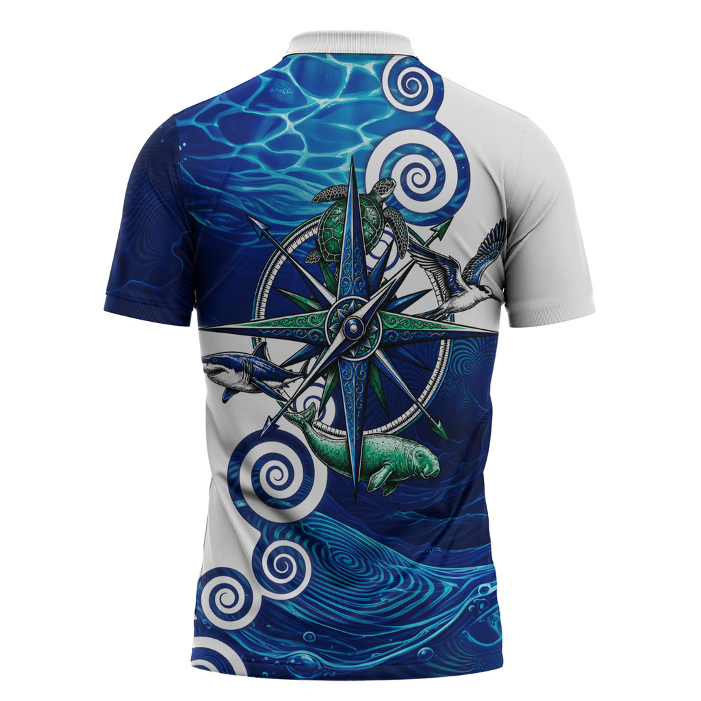 Torres Strait Islanders Nautical Compass Sea Life Zipper Polo Shirt Indigenous Traditional Flag Pattern Tribal Marine Art
