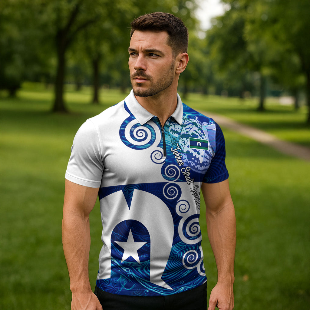 Torres Strait Islanders Nautical Compass Sea Life Zipper Polo Shirt Indigenous Traditional Flag Pattern Tribal Marine Art