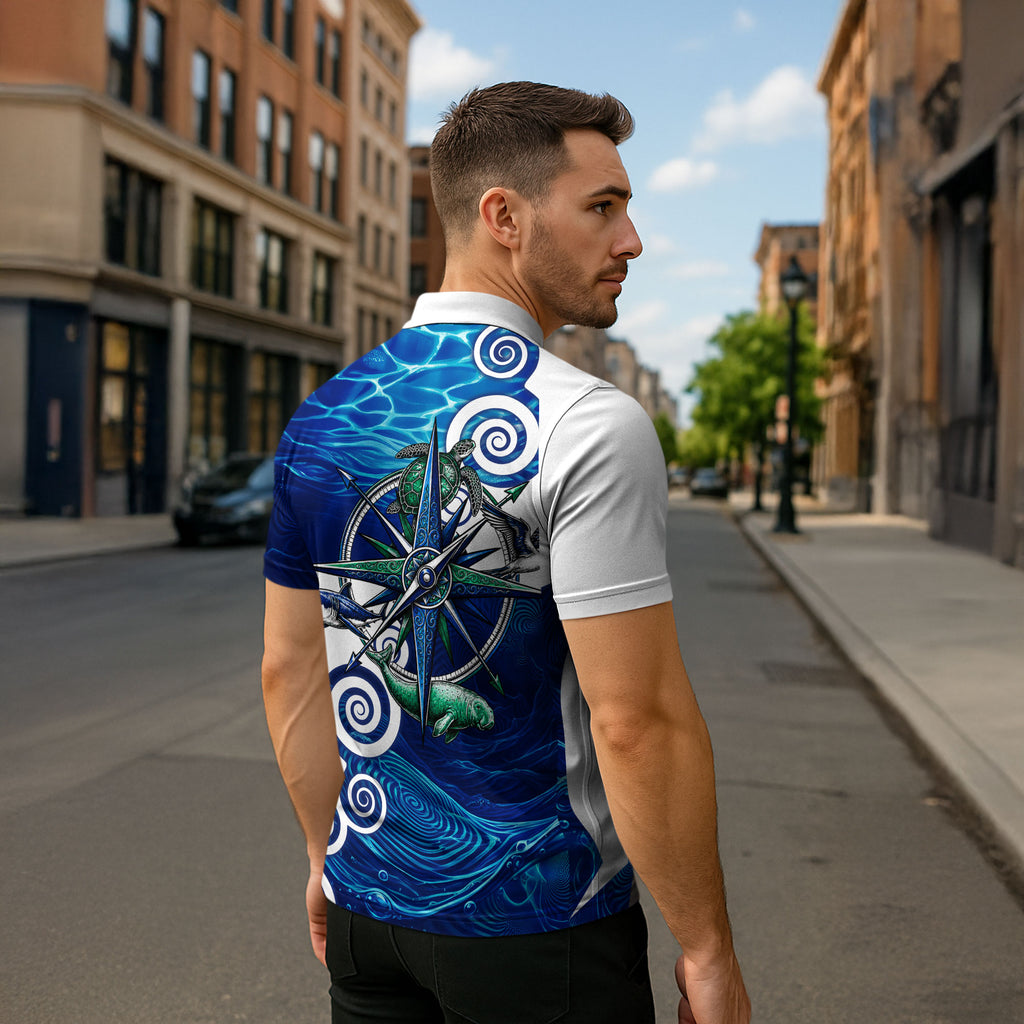 Torres Strait Islanders Nautical Compass Sea Life Zipper Polo Shirt Indigenous Traditional Flag Pattern Tribal Marine Art