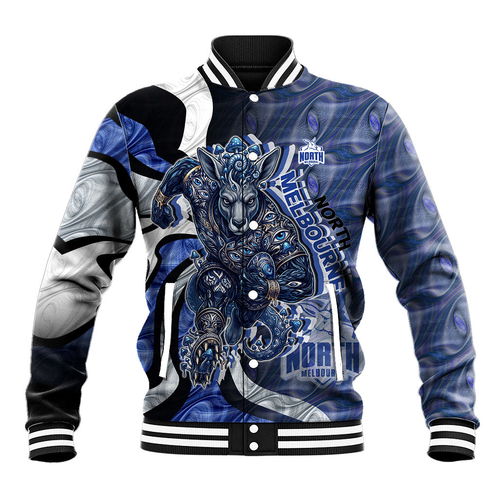 Personalised North Melbourne Kangaroos Baseball Jacket Trippy Psychedelic Abstract Art Mascot Football Fans