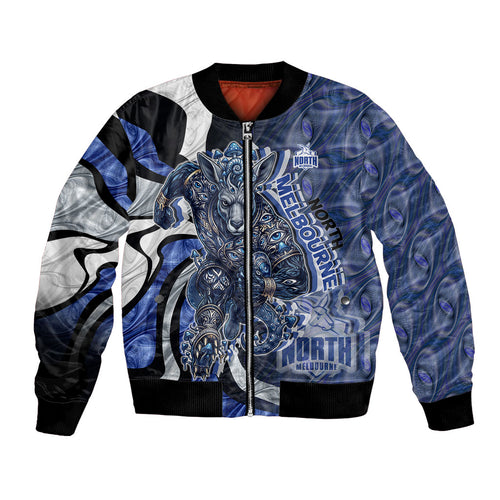 Personalised North Melbourne Kangaroos Bomber Jacket Trippy Psychedelic Abstract Art Mascot Football Fans