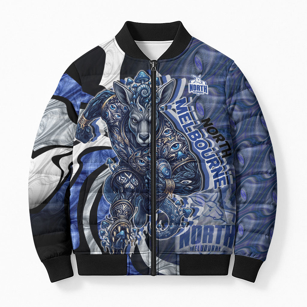 Personalised North Melbourne Kangaroos Bomber Puffer Jacket Trippy Psychedelic Abstract Art Mascot Football Fans