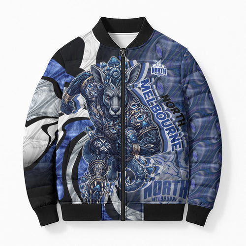 Personalised North Melbourne Kangaroos Bomber Puffer Jacket Trippy Psychedelic Abstract Art Mascot Football Fans