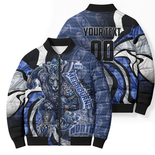 Personalised North Melbourne Kangaroos Bomber Puffer Jacket Trippy Psychedelic Abstract Art Mascot Football Fans