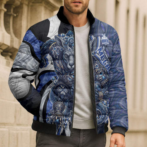 Personalised North Melbourne Kangaroos Bomber Puffer Jacket Trippy Psychedelic Abstract Art Mascot Football Fans