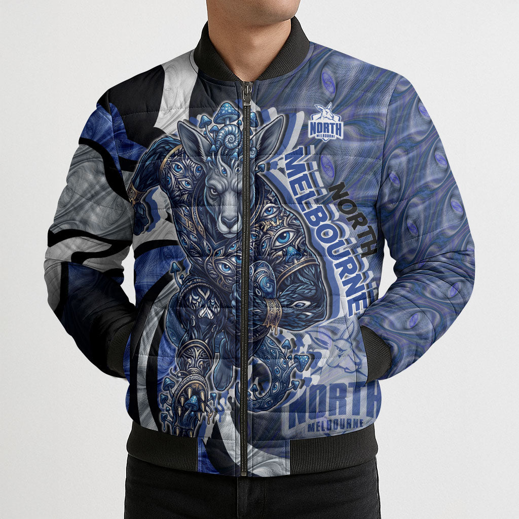 Personalised North Melbourne Kangaroos Bomber Puffer Jacket Trippy Psychedelic Abstract Art Mascot Football Fans
