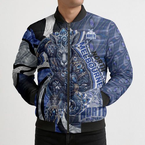 Personalised North Melbourne Kangaroos Bomber Puffer Jacket Trippy Psychedelic Abstract Art Mascot Football Fans