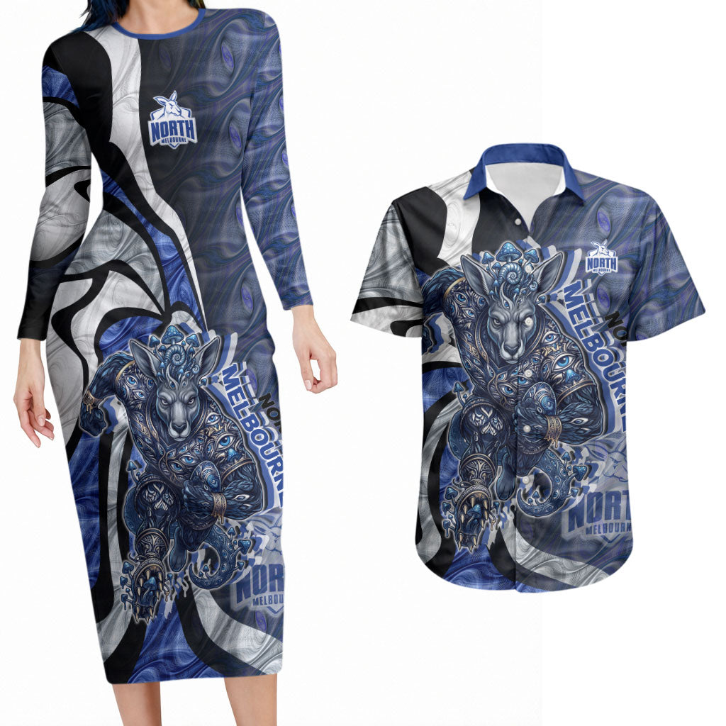Personalised North Melbourne Kangaroos Couples Matching Long Sleeve Bodycon Dress and Hawaiian Shirt Trippy Psychedelic Abstract Art Mascot Football Fans