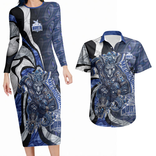 Personalised North Melbourne Kangaroos Couples Matching Long Sleeve Bodycon Dress and Hawaiian Shirt Trippy Psychedelic Abstract Art Mascot Football Fans