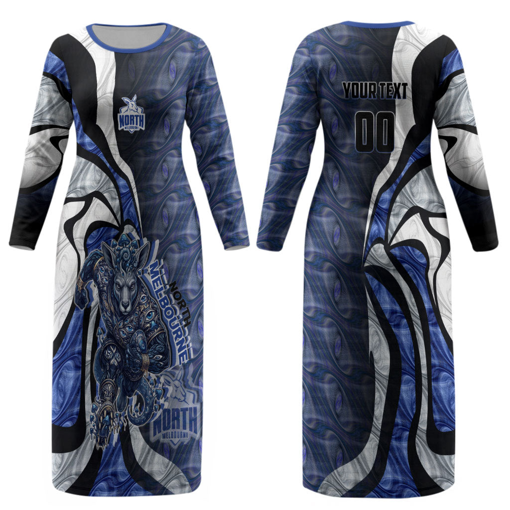Personalised North Melbourne Kangaroos Couples Matching Long Sleeve Bodycon Dress and Hawaiian Shirt Trippy Psychedelic Abstract Art Mascot Football Fans