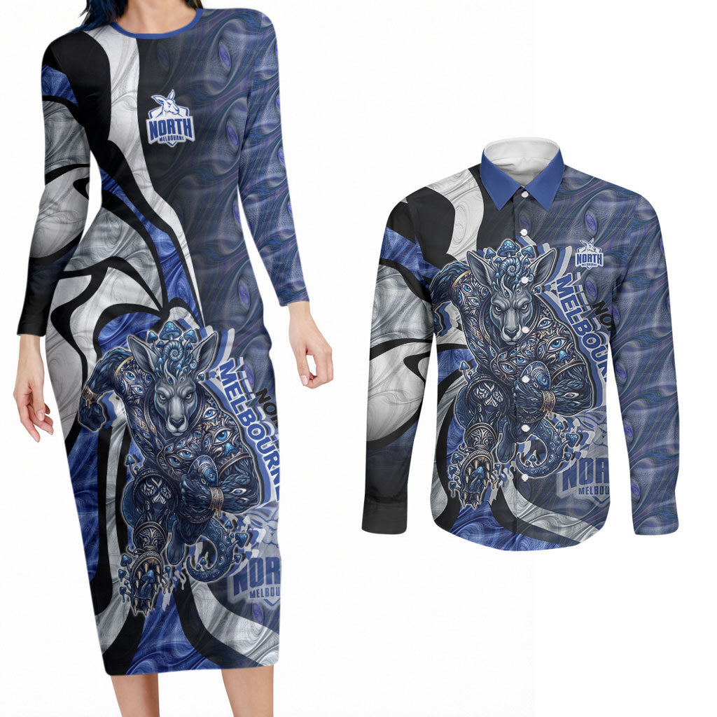 Personalised North Melbourne Kangaroos Couples Matching Long Sleeve Bodycon Dress and Long Sleeve Button Shirt Trippy Psychedelic Abstract Art Mascot Football Fans