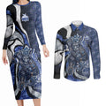 Personalised North Melbourne Kangaroos Couples Matching Long Sleeve Bodycon Dress and Long Sleeve Button Shirt Trippy Psychedelic Abstract Art Mascot Football Fans