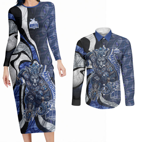 Personalised North Melbourne Kangaroos Couples Matching Long Sleeve Bodycon Dress and Long Sleeve Button Shirt Trippy Psychedelic Abstract Art Mascot Football Fans