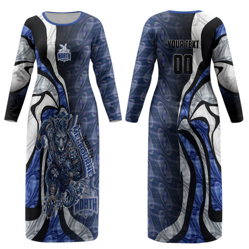Personalised North Melbourne Kangaroos Couples Matching Long Sleeve Bodycon Dress and Long Sleeve Button Shirt Trippy Psychedelic Abstract Art Mascot Football Fans